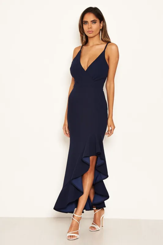 Navy Asymmetric Frill Hem Midi Dress sold by AX Paris