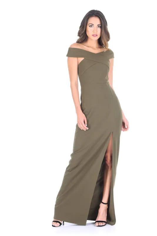 Khaki Cross Front Bardot Maxi Dress With Thigh High Split sold by AX Paris