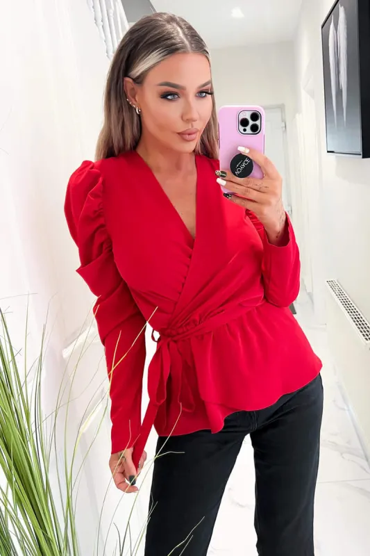 Red Belted Wrap Long Sleeve Top sold by AX Paris