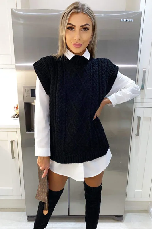 Black High Neck Cable Knit Tank Top sold by AX Paris