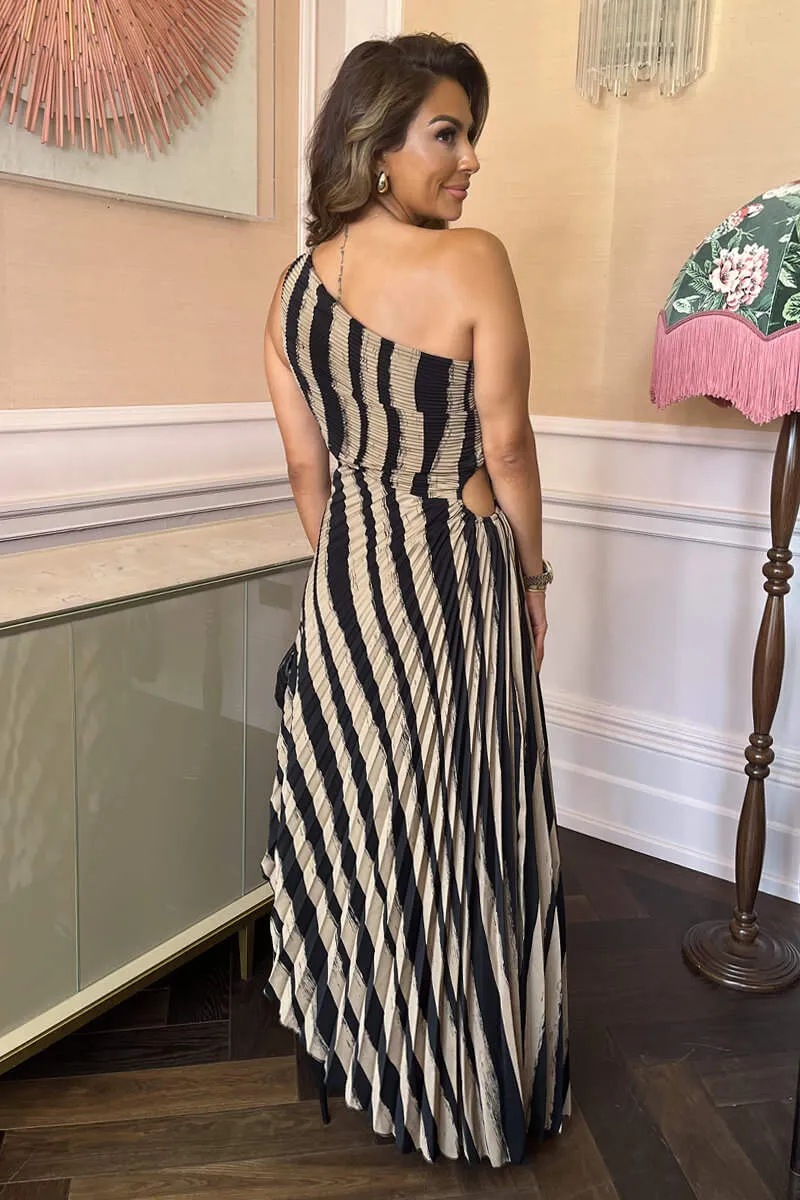 Beige Striped Print One Shoulder Pleated Midi Dress sold by AX Paris product image thumbnail 5