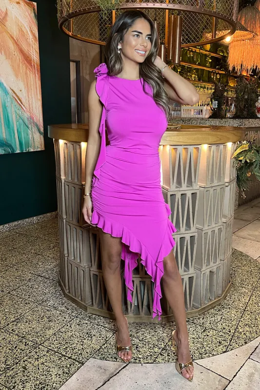 Hot Pink Ruched Asymmetrical Frill Midi Dress With Flower Detail sold by AX Paris