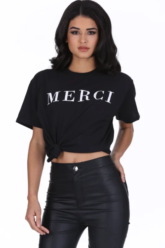 Black Merci Slogan T-Shirt sold by AX Paris