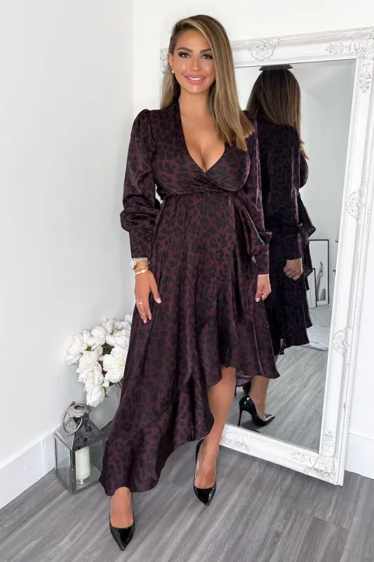 Plum Animal Print Long Sleeve Wrap Over Frill Hem Midi Dress sold by AX Paris