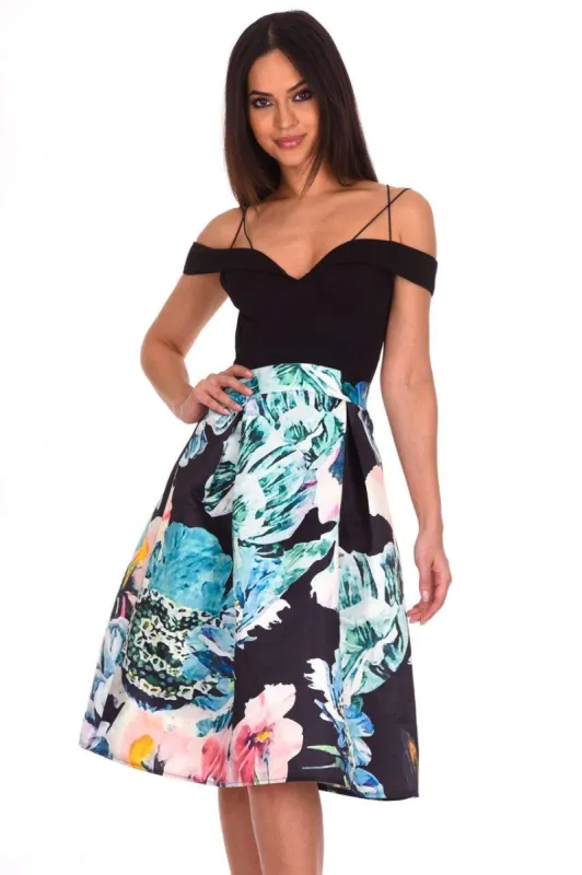 Black Floral Printed Skater Dress sold by AX Paris