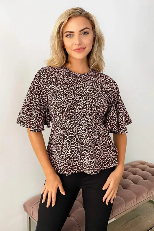 Pink Leopard Print Flared Blouse sold by AX Paris
