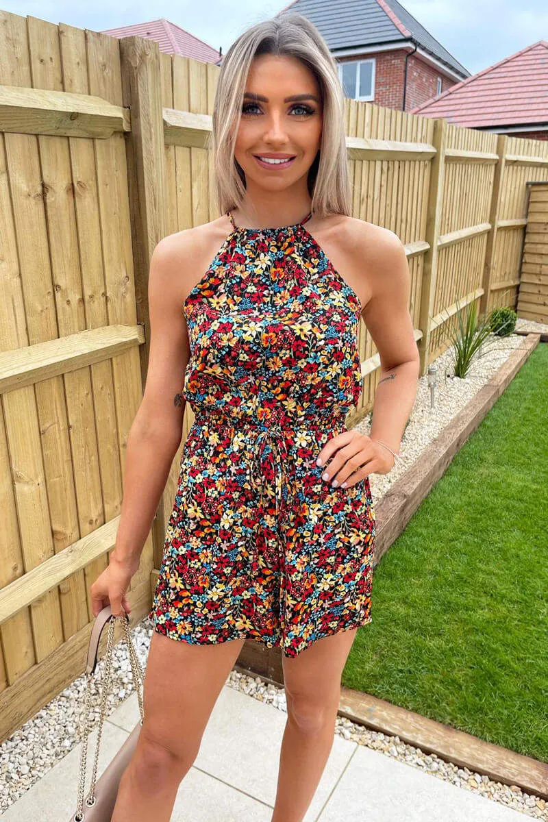 Black Floral Drawstring Waist Playsuit sold by AX Paris