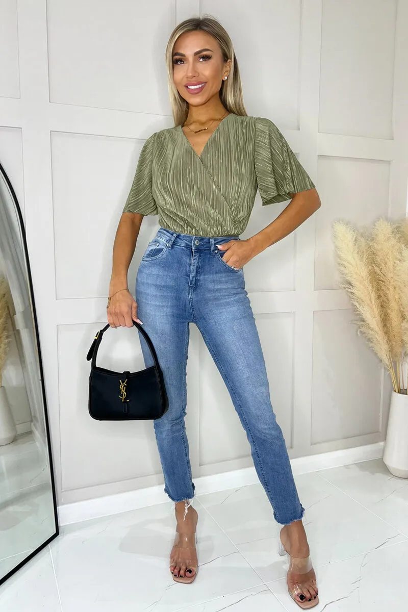 Light Khaki Wrap Top Butterfly Sleeve Plisse Bodysuit sold by AX Paris product image thumbnail 3