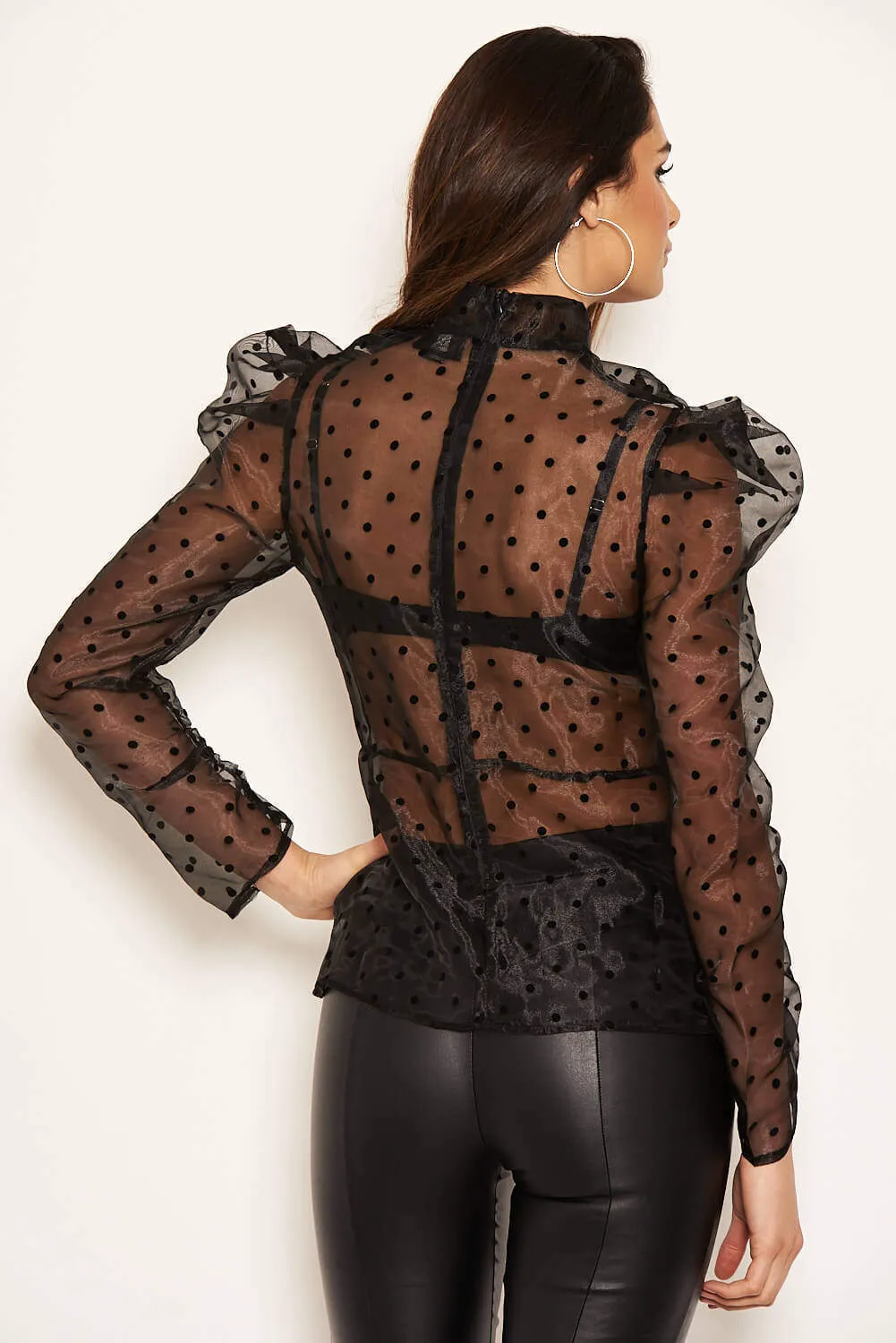 Black Sheer Polka Dot Puff Sleeve Top sold by AX Paris product image thumbnail 4
