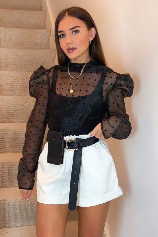 Black Sheer Polka Dot Puff Sleeve Top sold by AX Paris