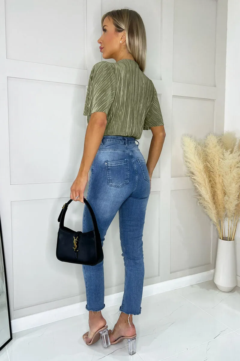 Light Khaki Wrap Top Butterfly Sleeve Plisse Bodysuit sold by AX Paris product image thumbnail 4