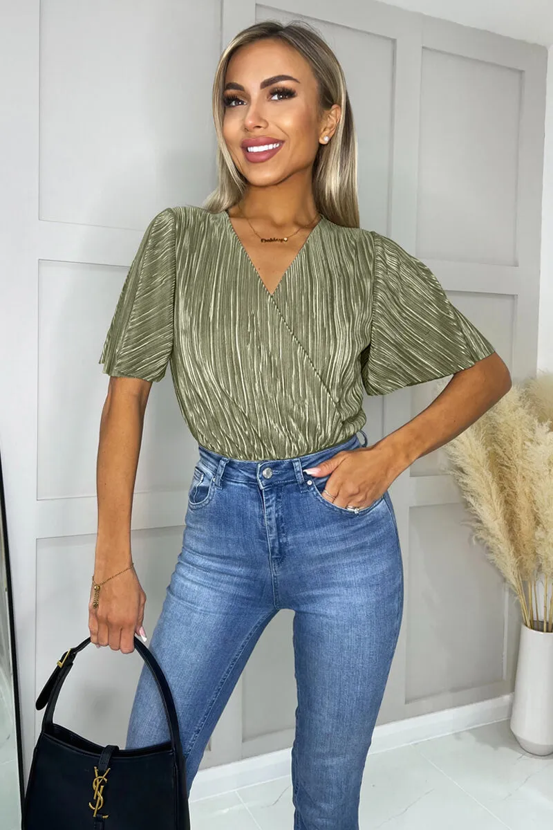 Light Khaki Wrap Top Butterfly Sleeve Plisse Bodysuit sold by AX Paris