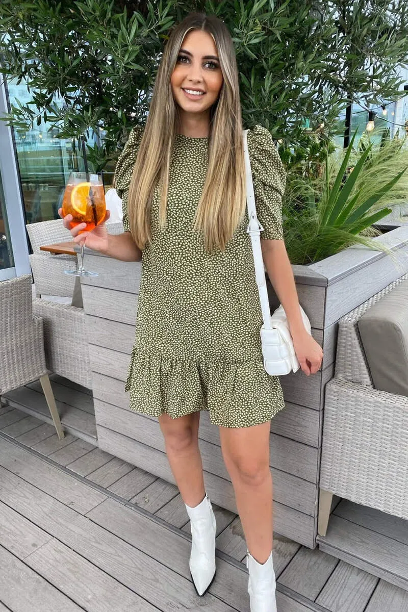 Olive Ditsy Leaf Print Shift Dress sold by AX Paris