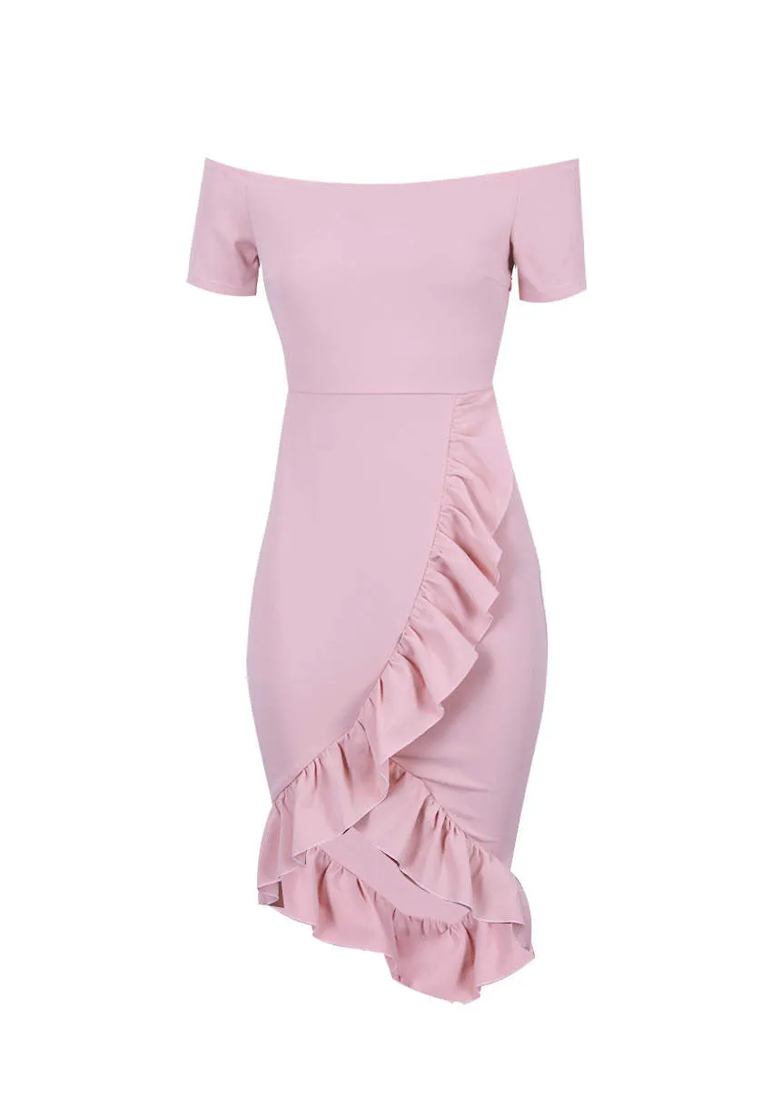 Blush Off The Shoulder Frill Detail Bodycon Dress sold by AX Paris product image thumbnail 4
