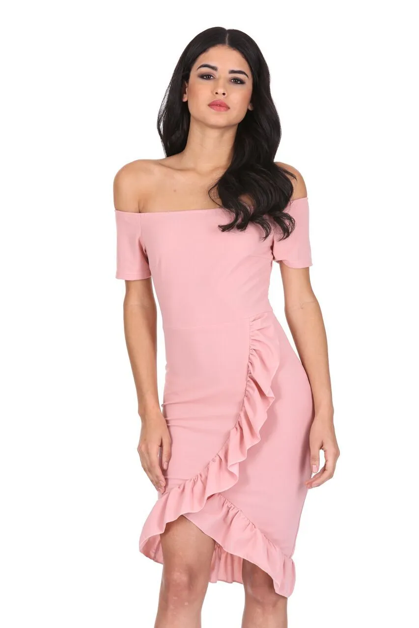 Blush Off The Shoulder Frill Detail Bodycon Dress sold by AX Paris
