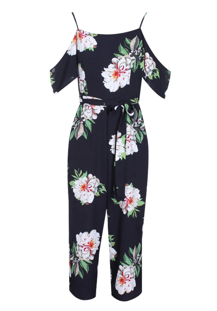Black Floral Cold Shoulder Culotte Jumpsuit sold by AX Paris product image thumbnail 4