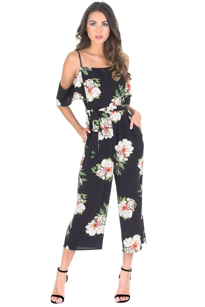 Black Floral Cold Shoulder Culotte Jumpsuit sold by AX Paris