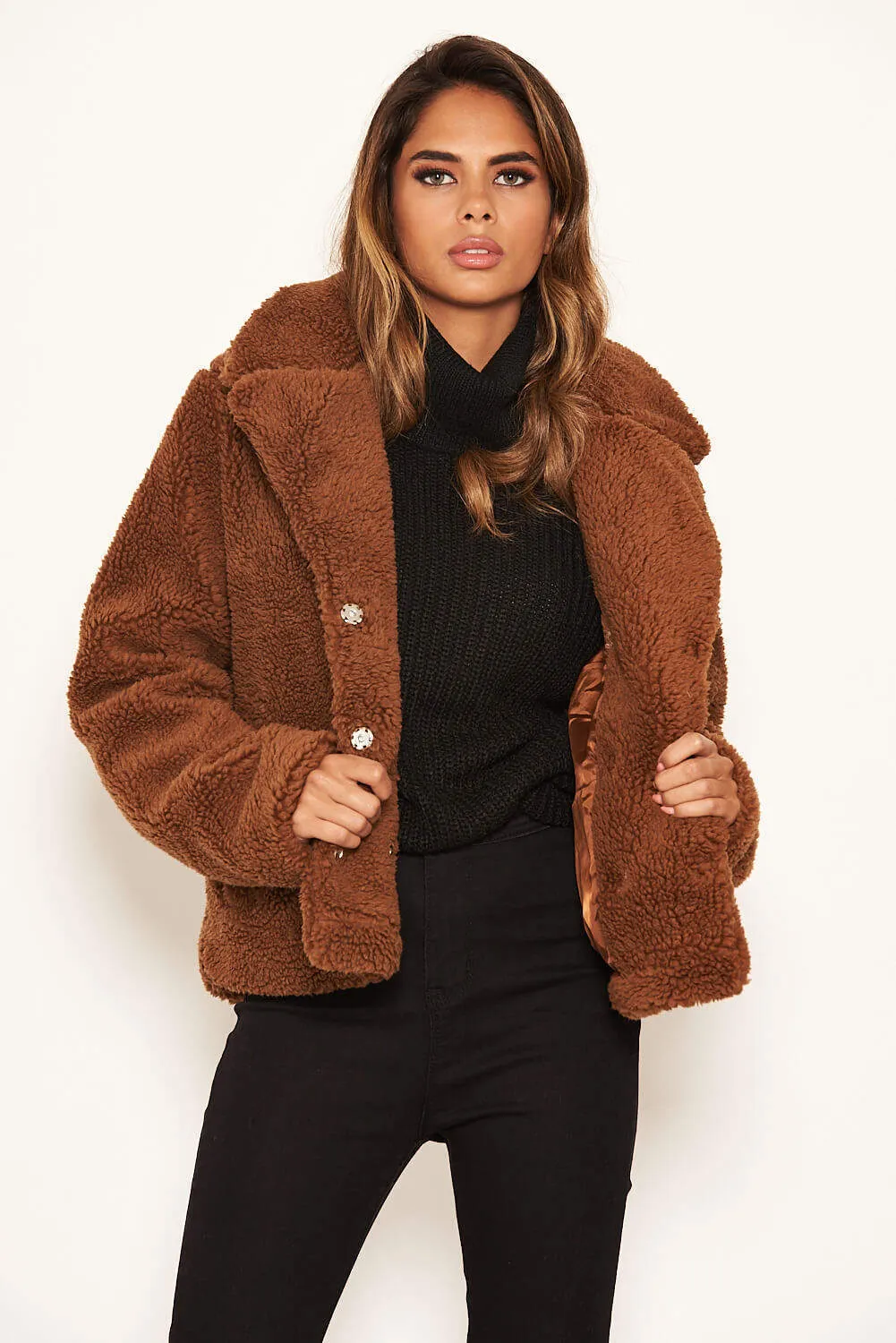 Brown Teddy Faux Fur Short Coat sold by AX Paris