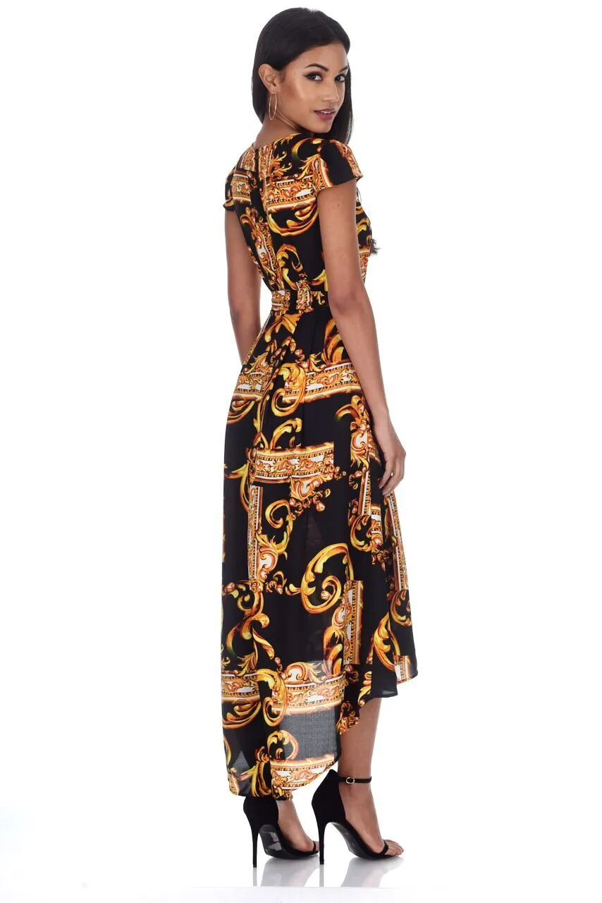 Black and Gold Patterned Wrap Over Tie Waist Belt Dress sold by AX Paris product image thumbnail 3