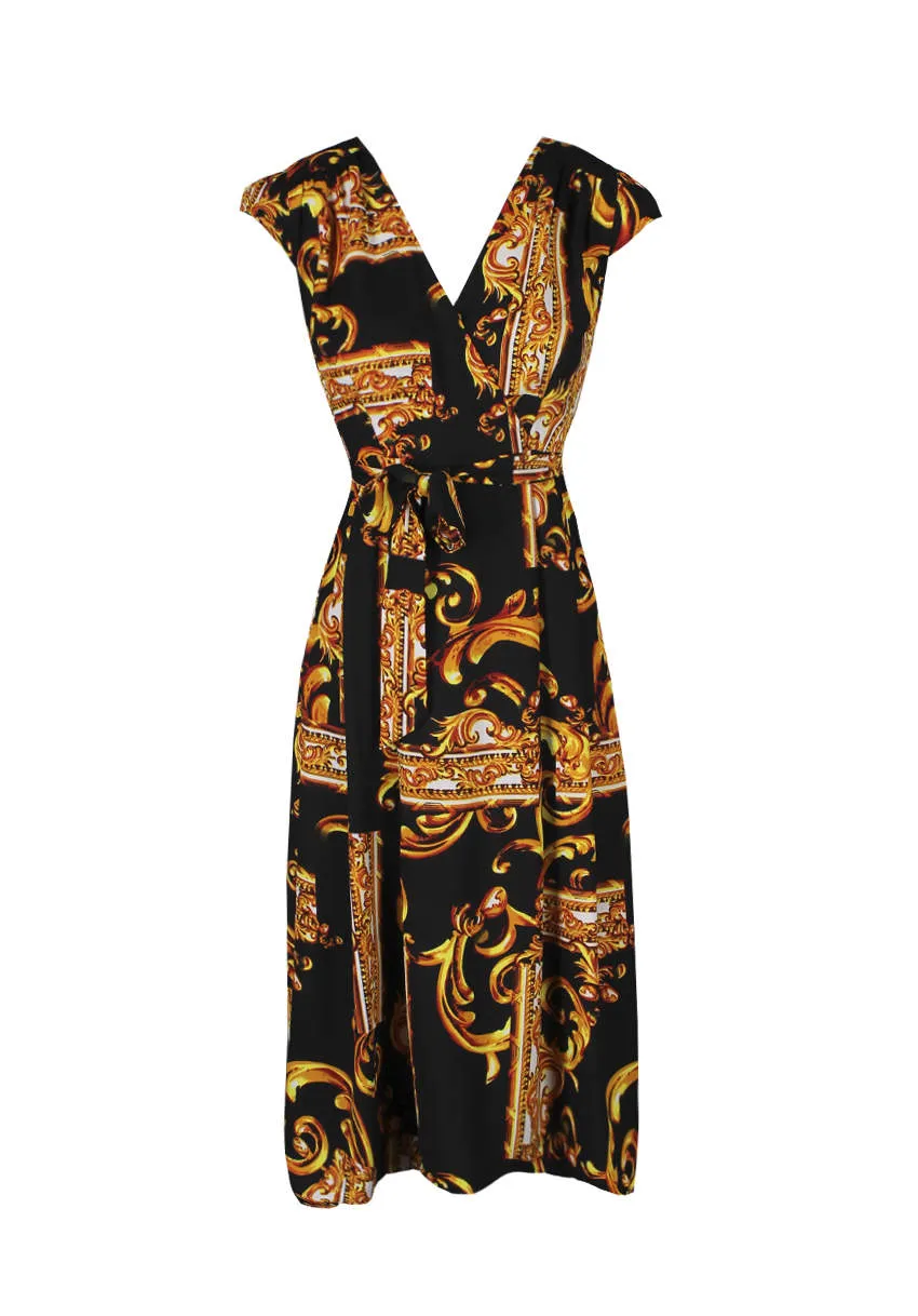 Black and Gold Patterned Wrap Over Tie Waist Belt Dress sold by AX Paris product image thumbnail 4