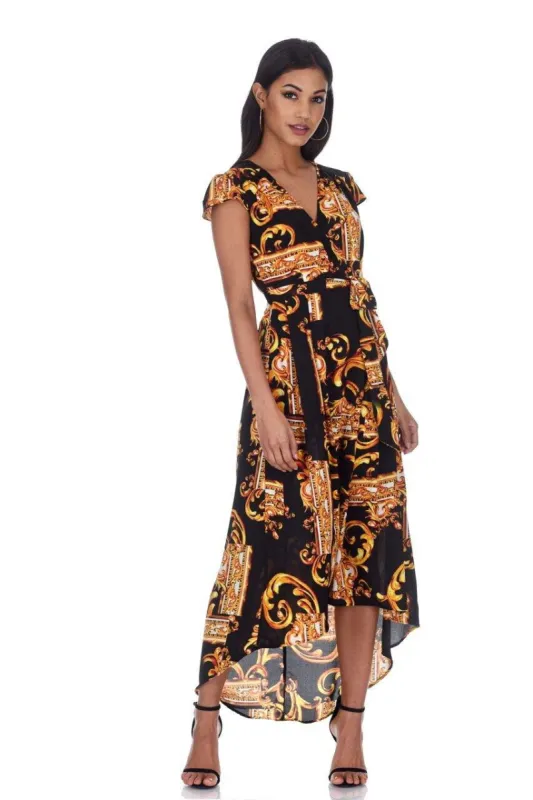 Black and Gold Patterned Wrap Over Tie Waist Belt Dress sold by AX Paris