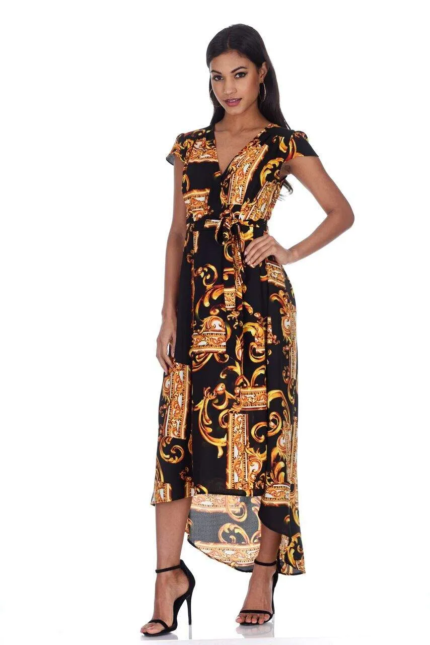 Black and Gold Patterned Wrap Over Tie Waist Belt Dress sold by AX Paris product image thumbnail 2