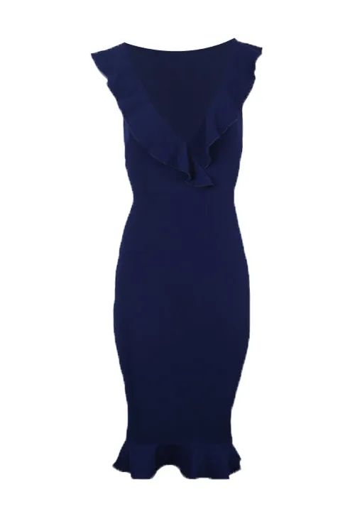 Navy V Neck Frill Detail Bodycon Dress sold by AX Paris product image thumbnail 4