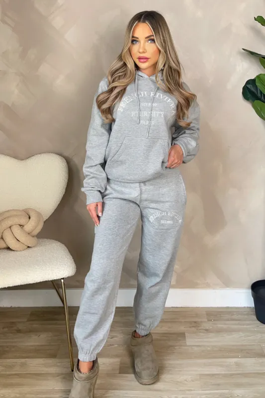 Grey French Riviera Embroidered Slogan Hoodie Lounge Set sold by AX Paris