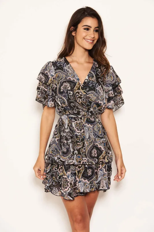 Black Paisley Print Ruffled Chiffon Dress sold by AX Paris