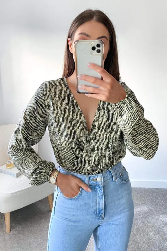 Green Printed Wrap Over Bodysuit sold by AX Paris