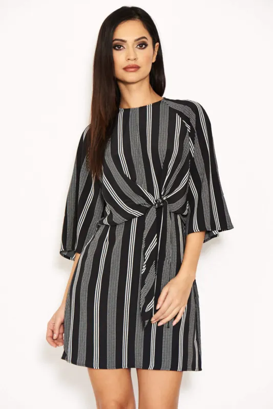 Black Striped Wrap Mini Dress With Tie Front sold by AX Paris
