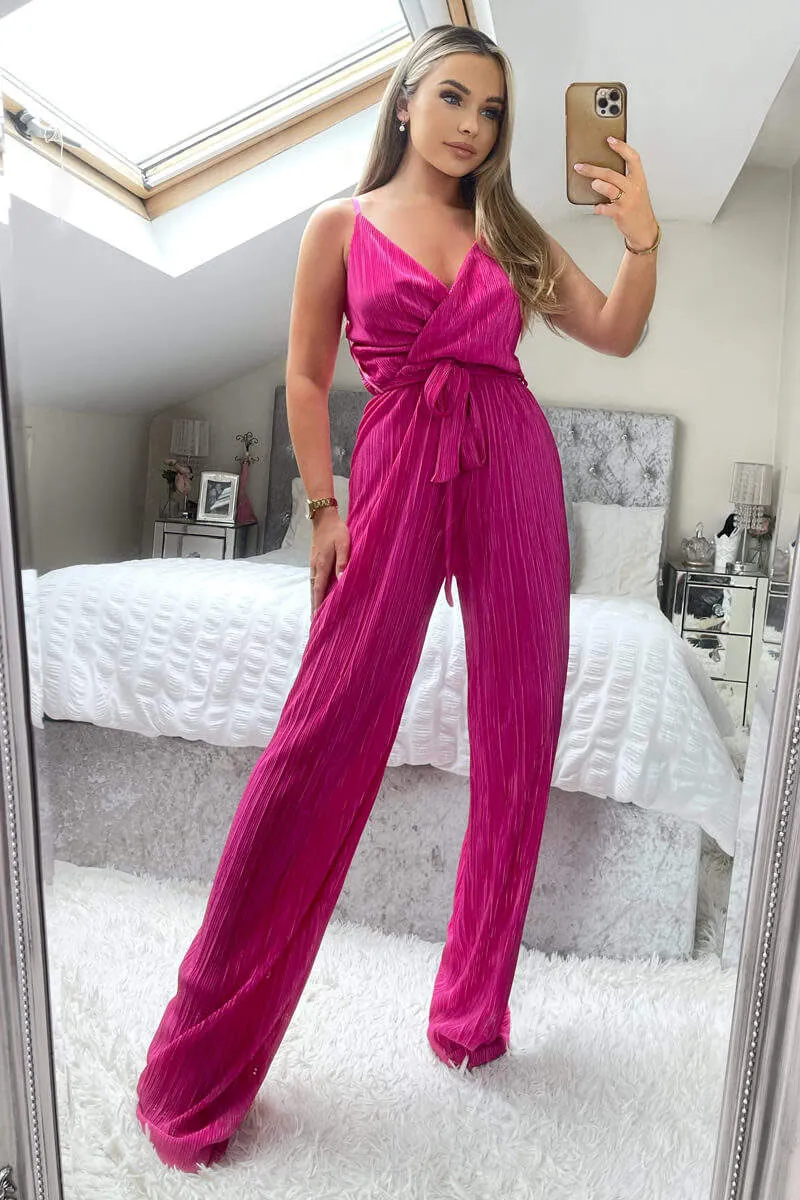 Cerise Wrap Top Tie Waist Full Length Plisse Jumpsuit sold by AX Paris product image thumbnail 3