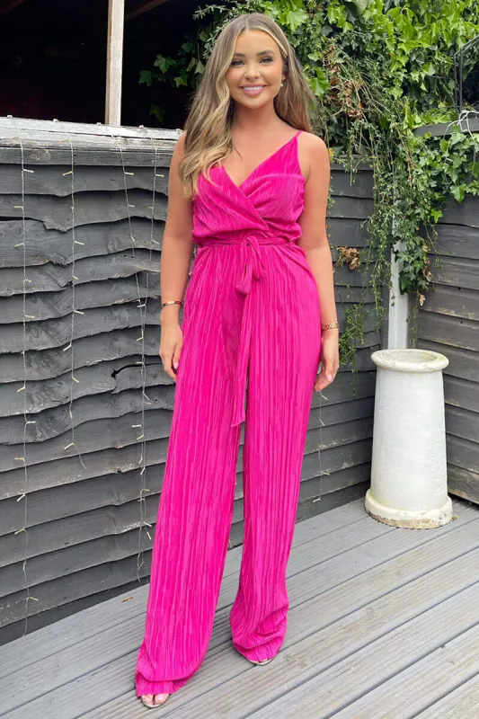 Cerise Wrap Top Tie Waist Full Length Plisse Jumpsuit sold by AX Paris