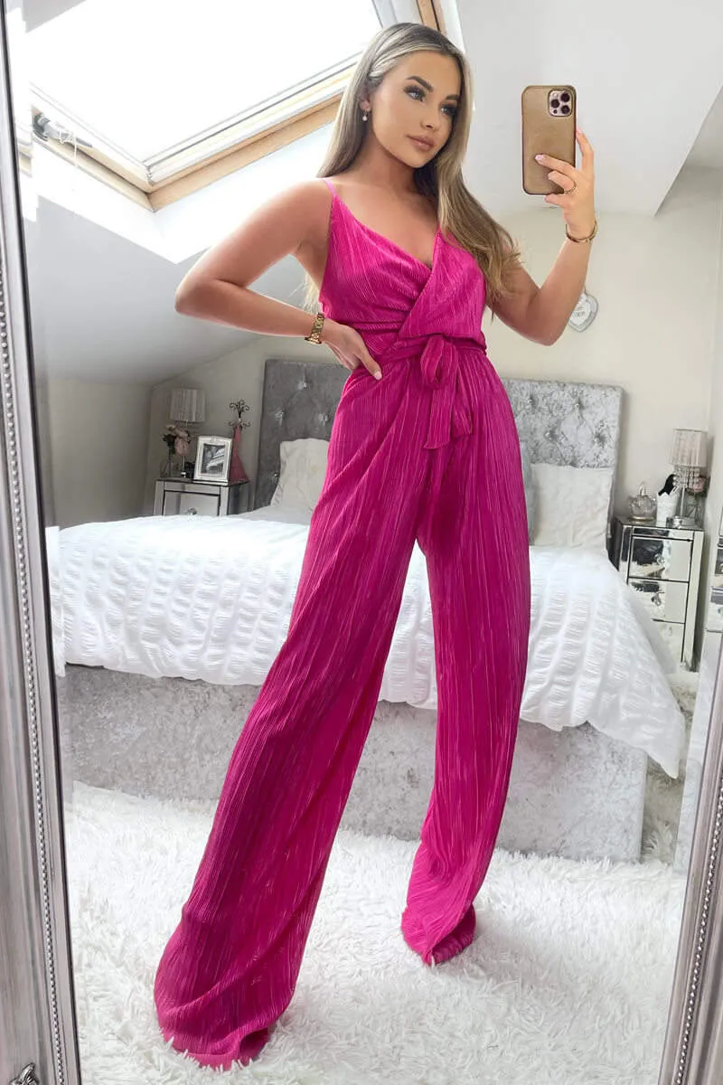 Cerise Wrap Top Tie Waist Full Length Plisse Jumpsuit sold by AX Paris product image thumbnail 2