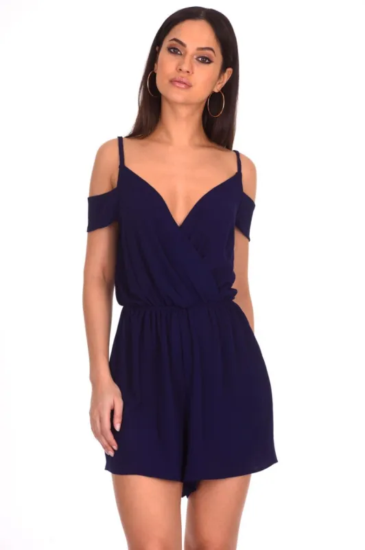 Navy Cold Shoulder Wrap Front Playsuit sold by AX Paris