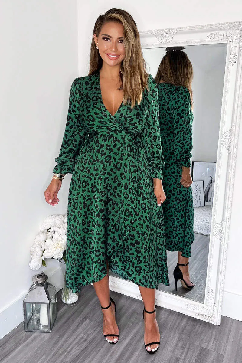 Green And Black Animal Printed Wrap Over Midi Dress sold by AX Paris product image thumbnail 3