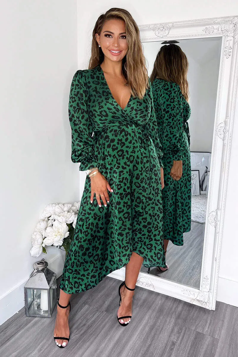 Green And Black Animal Printed Wrap Over Midi Dress sold by AX Paris