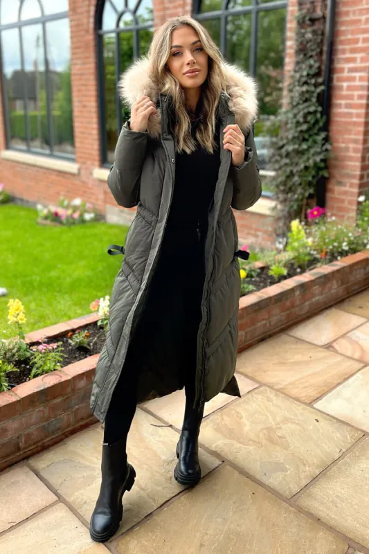 Khaki Faux Fur Trim Hooded Puffer Coat sold by AX Paris