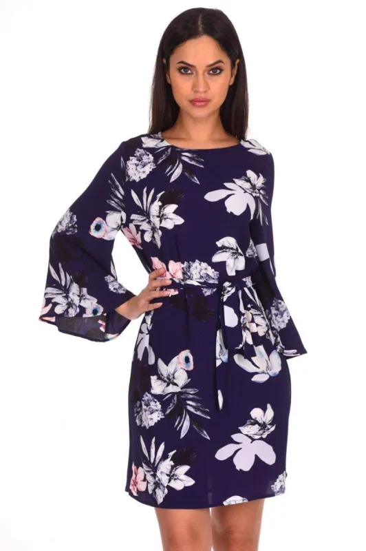 Navy Flared Sleeved Floral Shift Dress sold by AX Paris