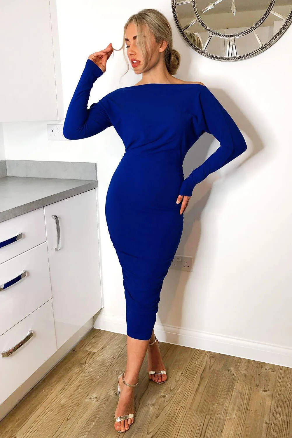 Blue Off Shoulder Ruched Dress sold by AX Paris product image thumbnail 2