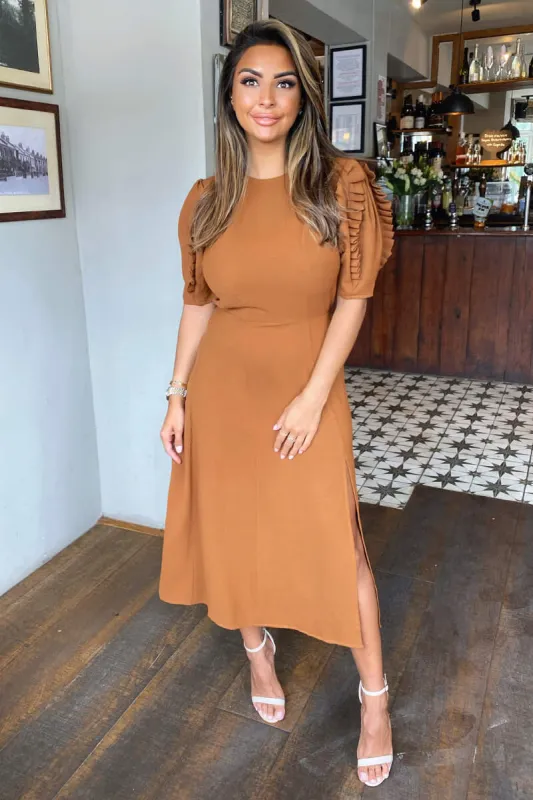 Tan Pleated Sleeve Split Leg Midi Dress sold by AX Paris