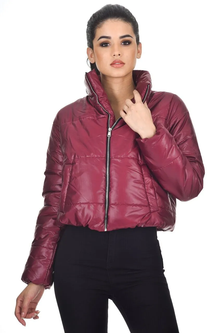 Plum Wet Look Puffer Jacket sold by AX Paris