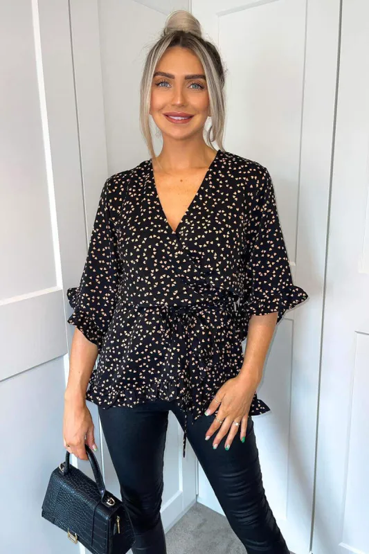 Black Heart Print Frill Hem Wrap Top sold by AX Paris