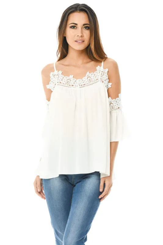 Cream Crochet Trim Cold Shoulder Top sold by AX Paris