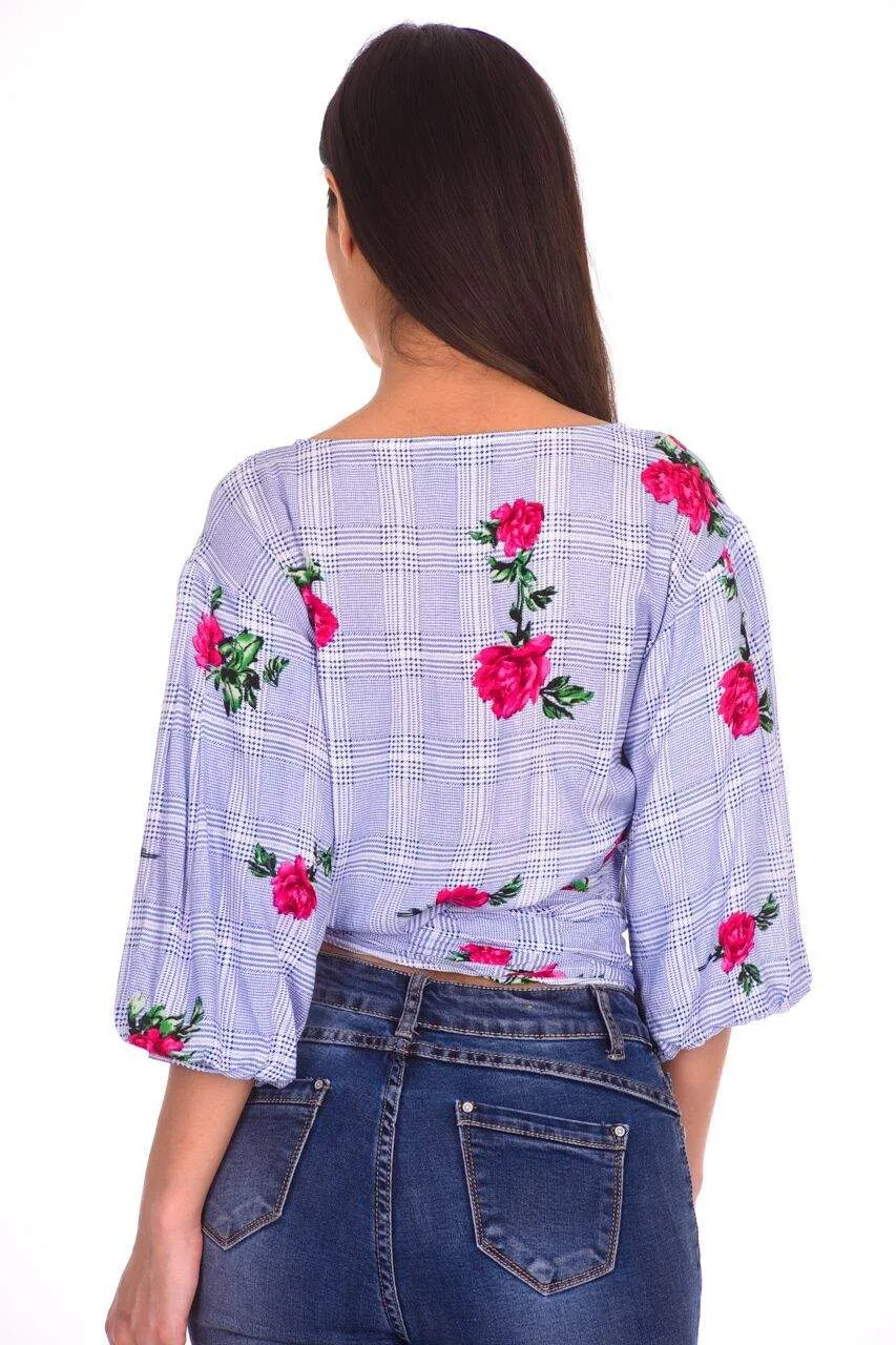 Blue Checked Tie Front Crop Top sold by AX Paris product image thumbnail 3