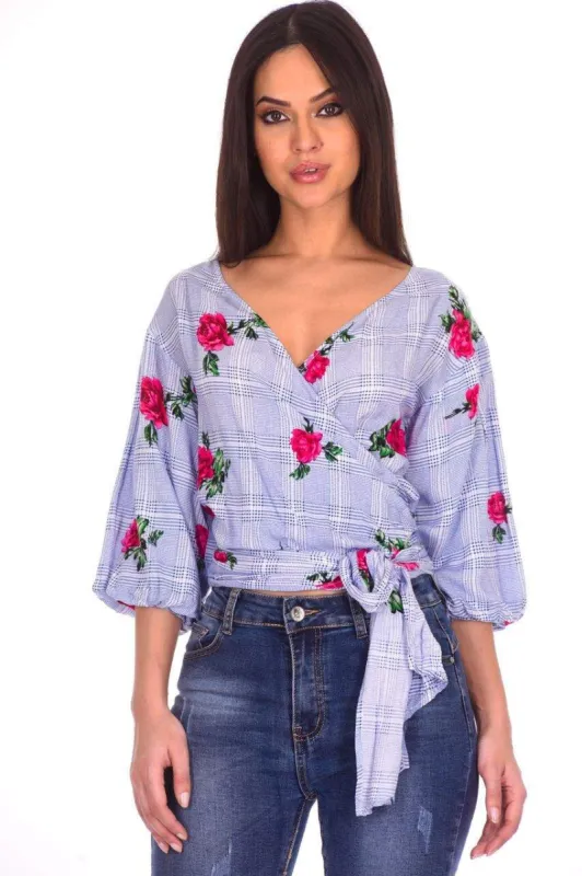 Blue Checked Tie Front Crop Top sold by AX Paris