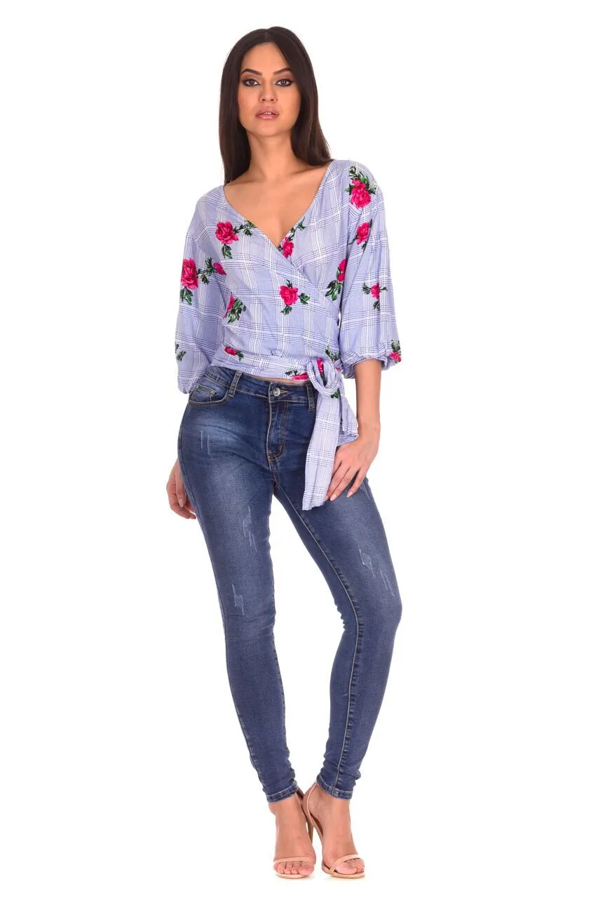 Blue Checked Tie Front Crop Top sold by AX Paris product image thumbnail 2