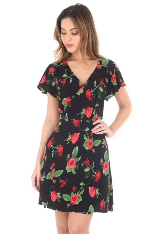 Black V-neck Wrap Front Floral Dress sold by AX Paris