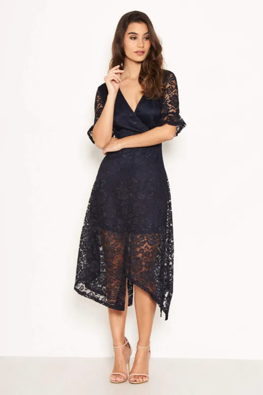 Navy Wrap Front Lace Dress sold by AX Paris
