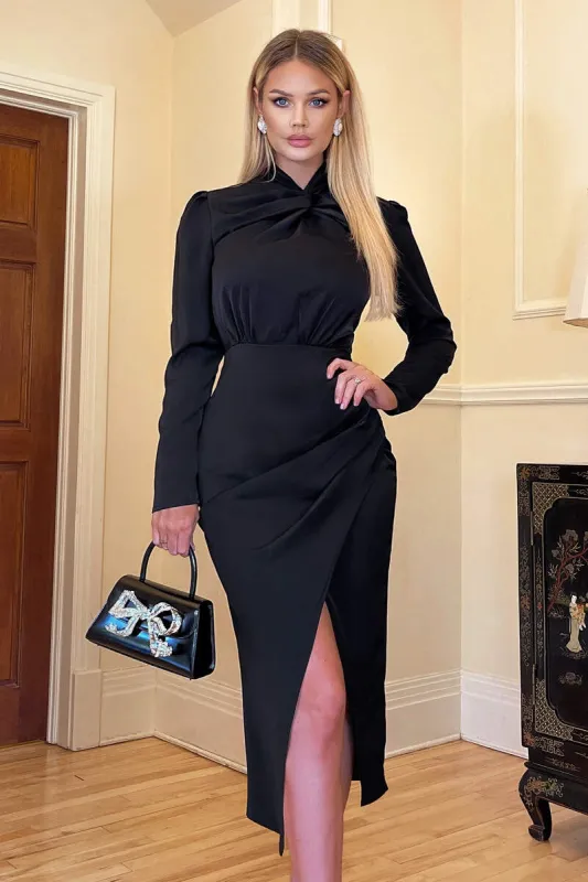 Black High Knot Neck Wrap Midi Dress sold by AX Paris